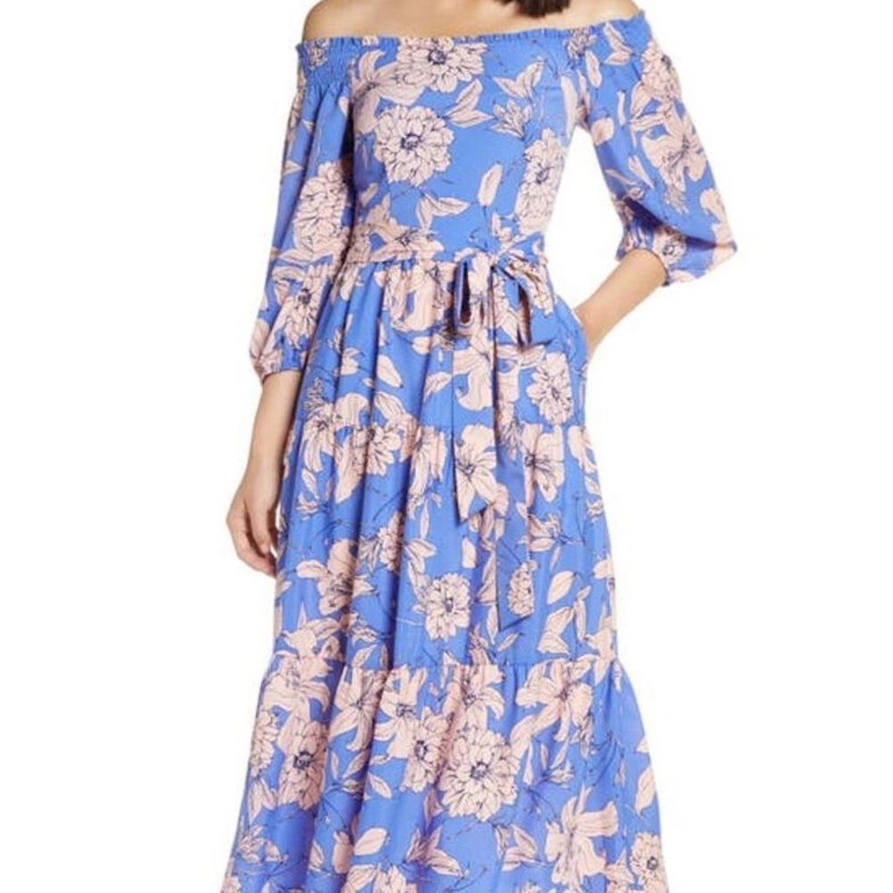 Eliza J Pink Floral Print On Blue Off the Shoulder Light Midi Dress
